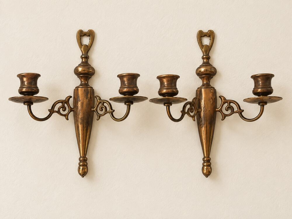 Vintage Brass Wall Candle Sconces, Matching Pair, Double Arm Taper Holders